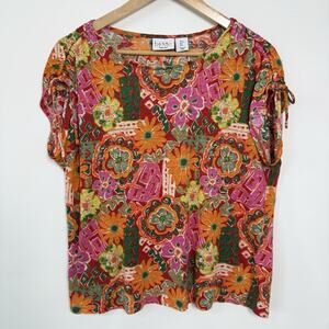 Nicole Miller Linen Top Womens L Vibrant Multicolor Floral Lightweight Casual
